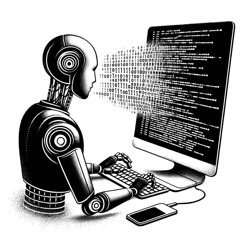 Chalk illustration of a robot typing at a computer with binary code