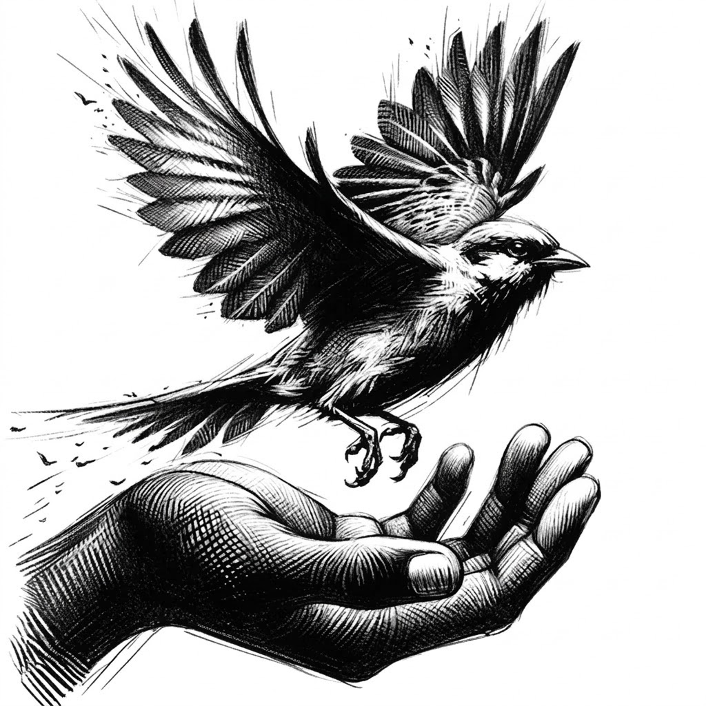 Chalk illustration of a bird taking flight from an open hand