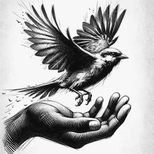 Chalk illustration of a bird taking flight from an open hand