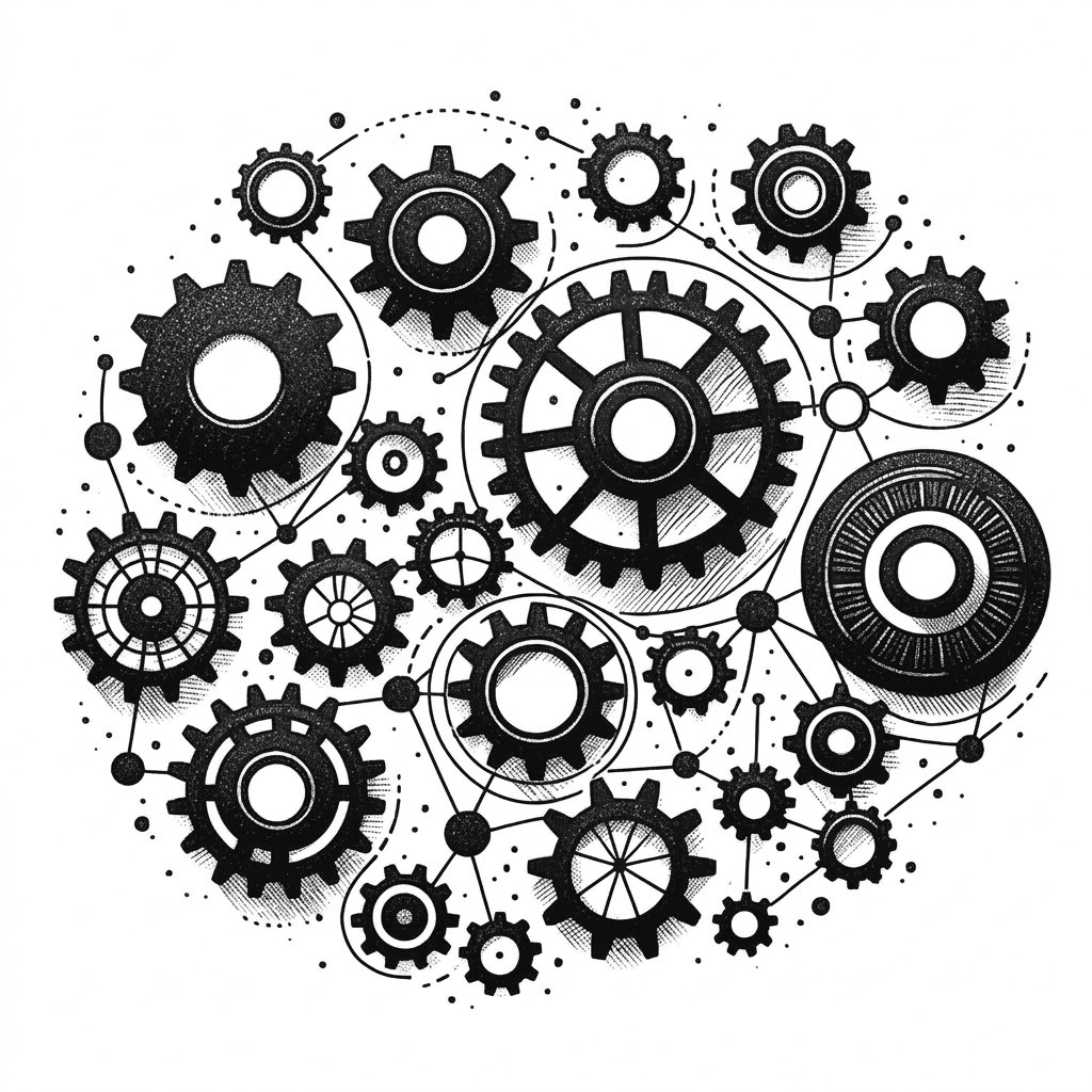 Chalk illustration of a person examining complex machinery with a magnifying glass